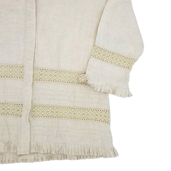 Richard Malcolm Shirt Womens Large Beige Boho Irish Linen Ruffle Trim Lace Top - Picture 6 of 13